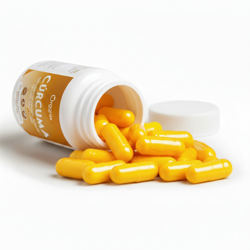 Cápsulas de cúrcuma Organix Perú en envase natural color ámbar con etiqueta verde y dorada. Suplemento natural elaborado con harina pura de Curcuma longa L., con cápsulas vegetales aptas para veganos. Producto peruano con beneficios antioxidantes, digestivos y de bienestar general, presentado en frasco con 60 cápsulas, duración de 24 meses.