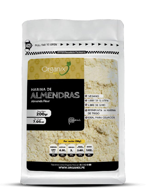 Harina de Almendras Organix Perú en doypack 250g, natural, sin gluten y rica en proteínas.