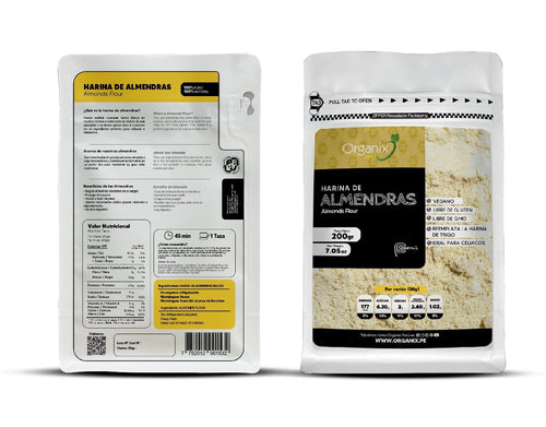 Harina de Almendras Organix Perú con información nutricional detallada y certificación de calidad.