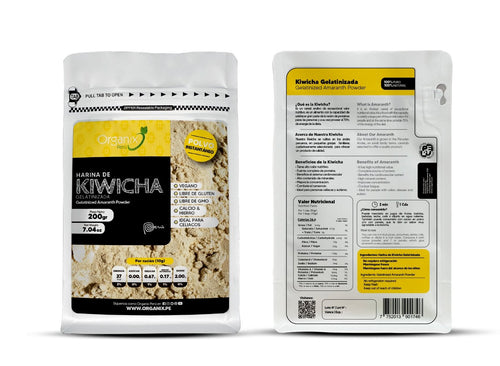 Harina de Kiwicha Gelatinizada Organix Perú con información nutricional completa y beneficios saludables.