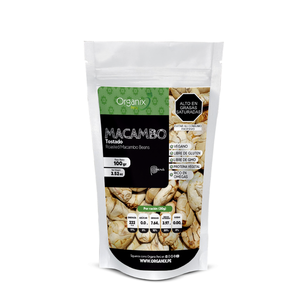 Pack of Macambo Tostado Organix Perú roasted macambo beans, rich in protein, fiber, and omega fats, ideal for energy and health benefits