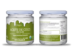 Organix Perú Aceite de Coco Sin Olor, Orgánico y Virgen - Dos Frascos Vistos Desde el Frente y la Parte Trasera