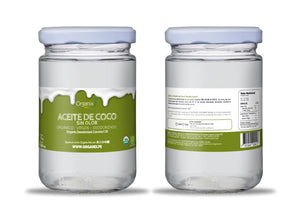 Aceite de Coco Sin Olor Organix Perú frontal y trasera del frasco de 500 ml, orgánico, virgen y desodorizado.