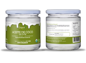 Jar of Organix Perú Aceite de Coco Sin Olor, organic virgin deodorized coconut oil in green label bottle, front and back view