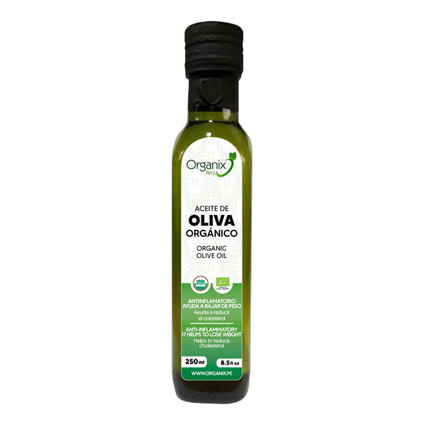 Bottle of Organix Peru Organic Olive Oil 250ml, rich in antioxidants, promotes heart health, reduces bad cholesterol, and aids in weight management.